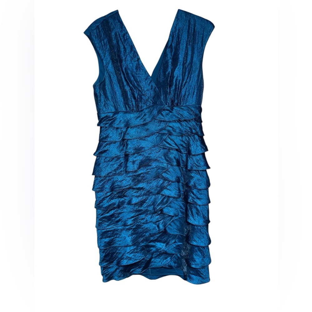 London Times Shimmering Peacock Blue Tiered Mini Dress size‎ 10 EUC